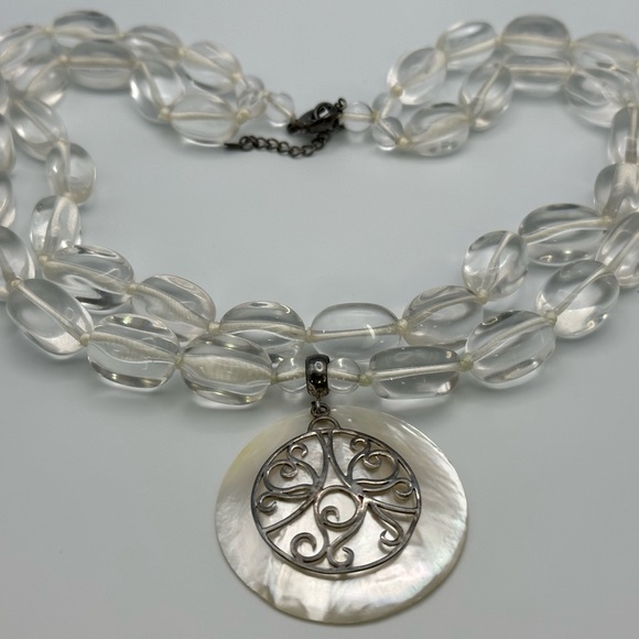 LUC925 signed mother of pearl vintage large quartz beaded necklace double strand - Picture 9 of 17